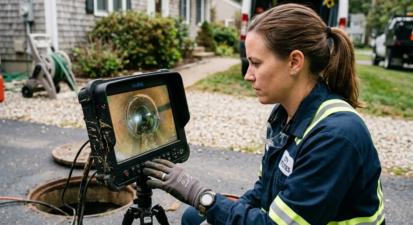 Technician reviewing sewer camera inspection footage in Brook Highland