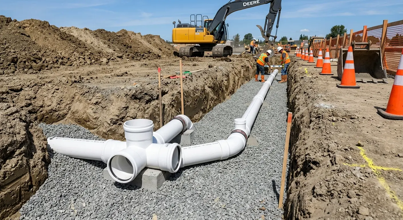 New PVC sewer pipe installation in open trench for Commercial Drain Cleaning in Brook Highland