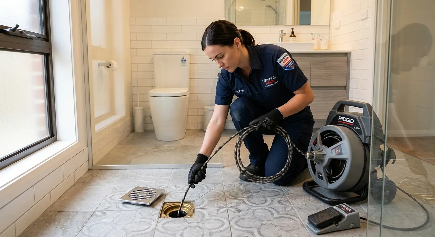 Technician clearing a bathroom floor drain for Clogged Drain Repair in Brook Highland